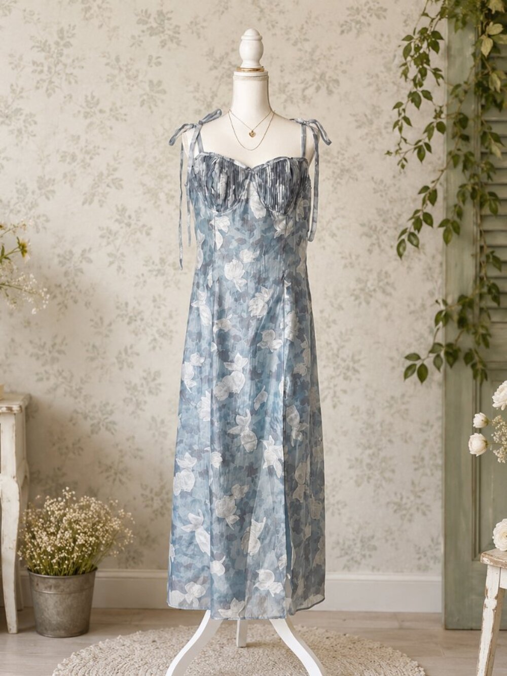 Lulus Blue Floral Organza Tie Shoulder Maxi Dress XL NWT Wedding Guest
